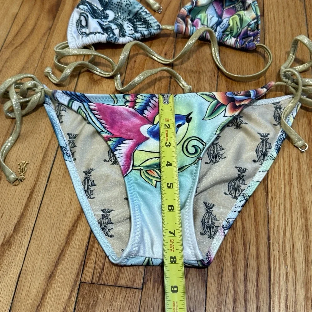 Christian Audigier Y2K Rhinestone Bird Print String Triangle Bikini Size Small - Picture 3 of 9